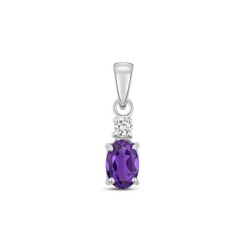 Diamond and 6X4mm Amethyst Oval Pendant - 9ct White Gold